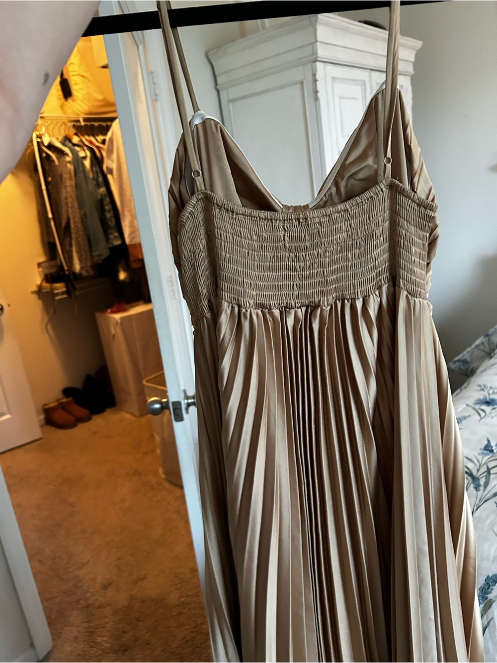 Pleated Tan Spaghetti-Strap Maxi Dress - Picture 3 of 5